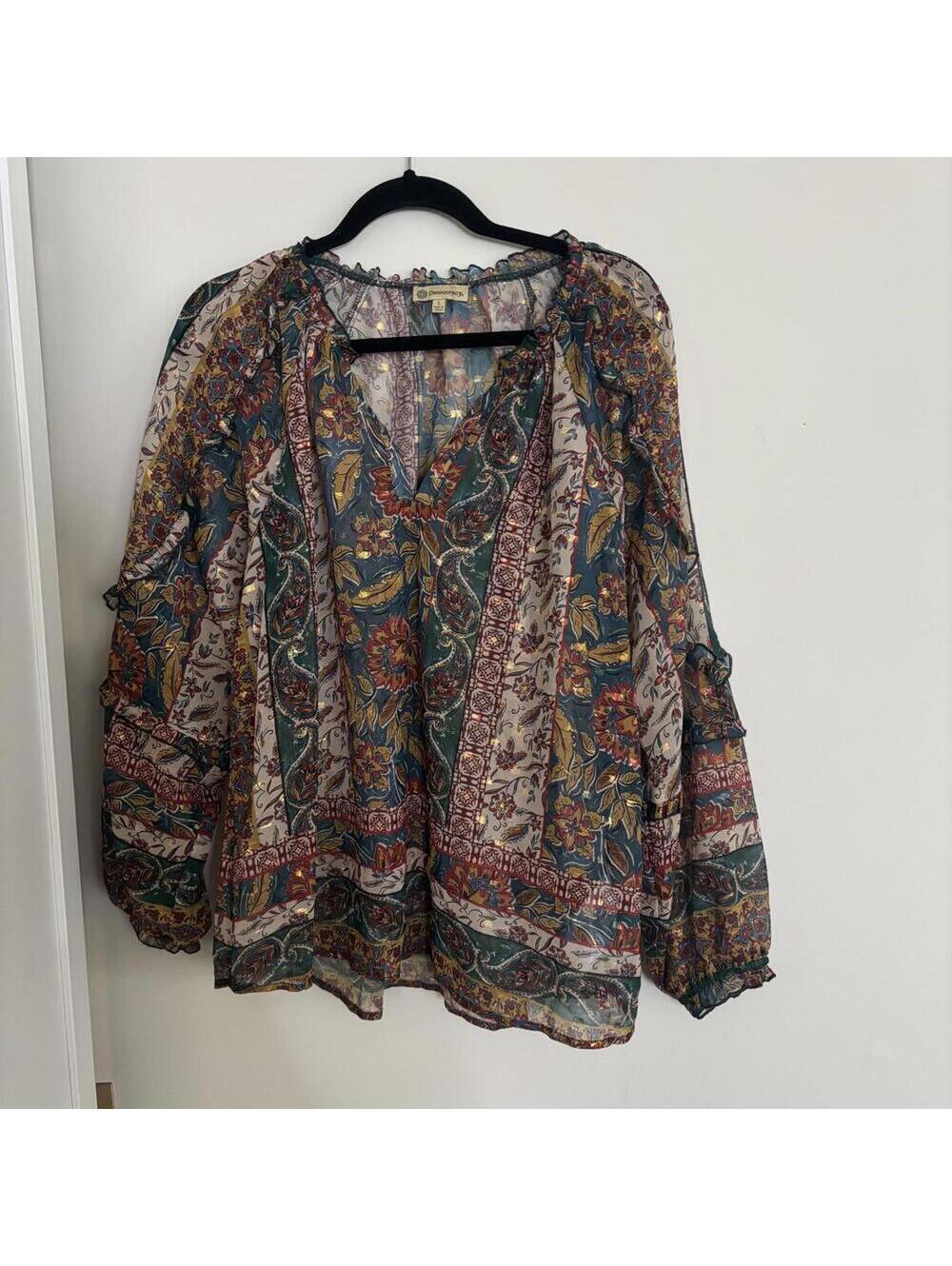 Democracy floral BoHo printed metallic thread sheer peasant blouse tunic